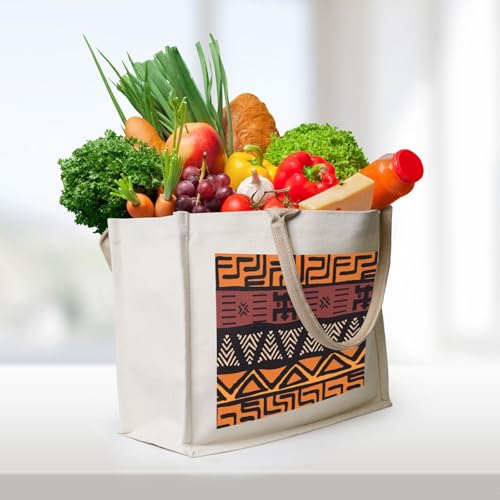 African Tribal Mudcloth Canvas Tote Bag For Women - Washable Reusable Bag With Wide Comfort Handles, Ideal For Camping, Beach & Groceries3