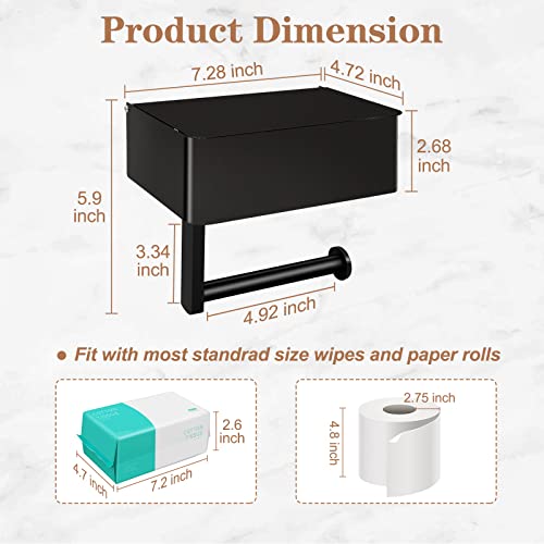 Bjiotun Toilet Paper Holder With Shelf - Sus304 Stainless Steel Toilet Paper Storage With Wipes Dispenser & Toilet Paper Roll Holder Wall Mount For Bathroom Storage, No Drill To Install - Matte Black #TOP4