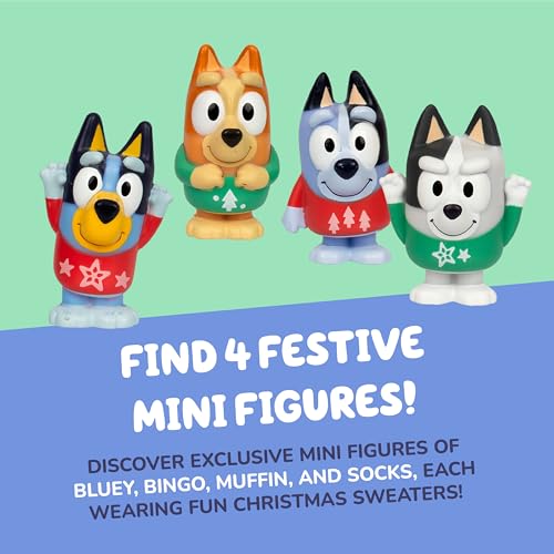 Blueys Adventskalender, entdecke hinter den 24 Türchen die 4 Mini-Figuren Bluey, Bingo, Muffin und Socks, 12 Zubehörteile, 3 Aufsteller aus Papier und 5 Sticker
