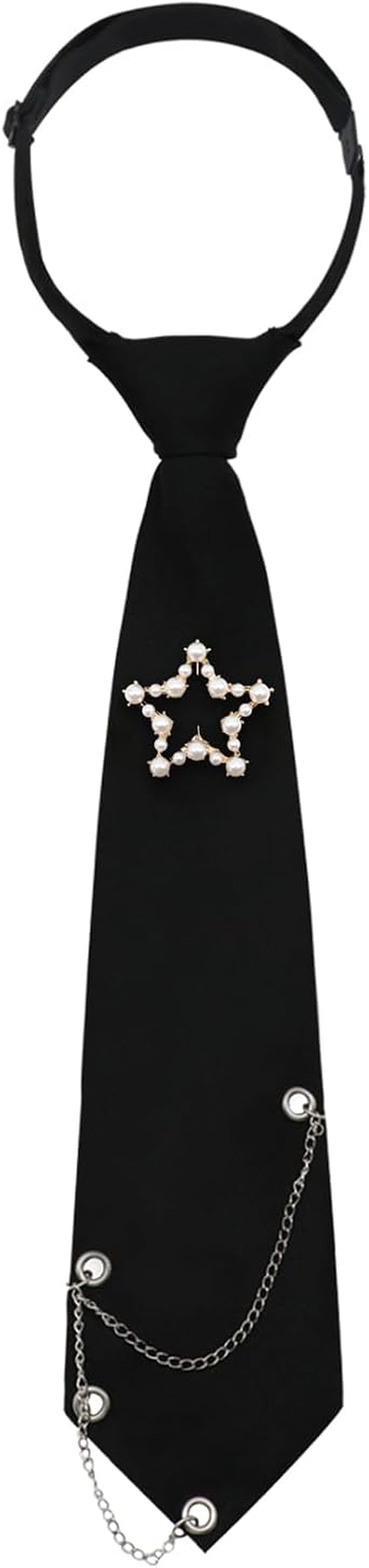 Black Ties for Women Girls, Pre-Tied Skinny Womens Tie Metal Chain Necktie for Uniform School Shirt Accessory