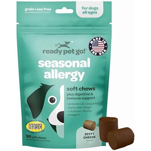 Dog Allergy Chews with Probiotics | Seasonal Allergy Chews for Dogs with Wild Alaskan Salmon Oil & Colostrum | Environmental Dog Allergy Support | NASC Certified & Made in The USA | 90 Chews Cover
