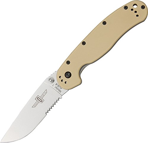 Ontario Knife Company Rat I, Satin AUS-8 Stainless Steel Half Serrated Folding Pocket Knife, Desert Tan Nylon Handle Liner Lock Knife, Everyday Carry Knife – ON8849DT