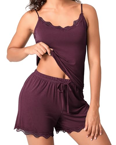 BAMBOO COOL Women's Pajama Sets Lace Trim PJ Set with Shorts Sexy Ruffles Sleepwear for Women