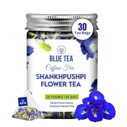 BLUE TEA - Shankhpushpi Flower - 30 Biodegradable Pyramid Tea Bags - Plant Based | Caffeine Free Herbal Tea | Gluten Free NON-GMO | Premium Pet Jar