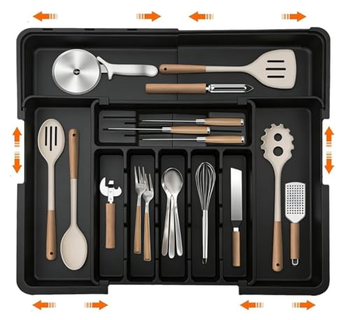 hssopa Der Alleskönner für Ihre Küchenschublade! Besteckkasten für Schubladen, 6–9 Verstellbares Besteck-Ordnungswunder, passt auf 56 cm, schafft sofort Ordnung (schwarz, ohne Messerblock).