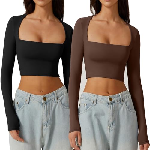 Opiniones de Camisetas y tops para comprar hoy. 47 URFBFVA Paquete de Camisetas Deportivas de Manga Larga con Cuello Cuadrado para Mujer, 2 PCS Camisetas Deportivas de Manga Larga para Mujer, Adecuado para Uso Diario, Correr, Yoga,...