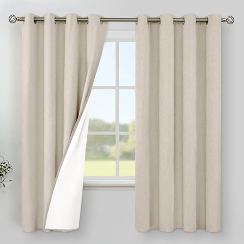 Image of YoungsTex Oatmeal Linen 100% Blackout Curtains 63 Inch Length for Bedroom, Rustic Thermal Insulated Drapes with Grommet Room Darkening for Living Room Windows, 2 Panels, 52 X 63 Inch