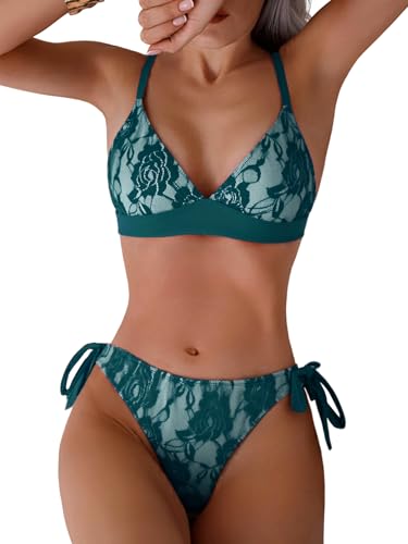 Image of seamoly Women's Bikini Sets Halter Neck Crochet Colorblock Two Piece Swimsuits Open Back Sexy High Cut Thong Bathing Suit