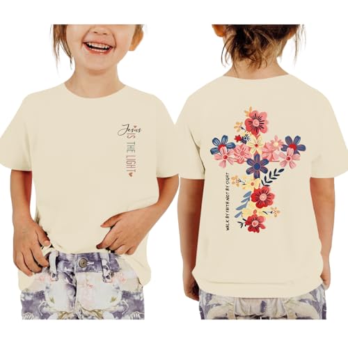 Reuseket Christian Shirts for Girls Jesus is The Light Graphic Tees Boho Floral Cross Shirt Kids Bible Verse God Cute Tshirt(Apricot1 130) Beige