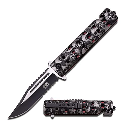 MASTER USA Spring Assisted Open Folding Knife – Partially Serrated Black/Satin Blade, Grey Skull Camo Nylon Fiber Handle w/Rope Cutter, Glass Punch, Pocket Clip, EDC, Self Defense- MU-A007GY