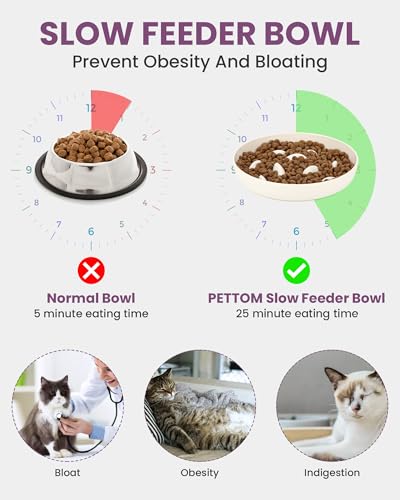 PETTOM Anti Schling Napf Katze, Antischlingnapf Katze Nassfutter Melamin, Slow Feeder Katzen rutschfest, Katzennapf Langsam Fressen mit Hoher Kante gegen Herausfallen (16×16 cm, Weiß)