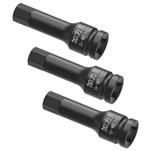 Image of 3PCS 3 /8 inch Square Drive H12(12mm) Impact Hex Bit Socket, 60mm(2.36 inch) Length, Hex Driver, Impact Grade, One-Piece Construction, 3 /8 inch Drive Allen Bit Socket, Cr-Mo Steel, Black