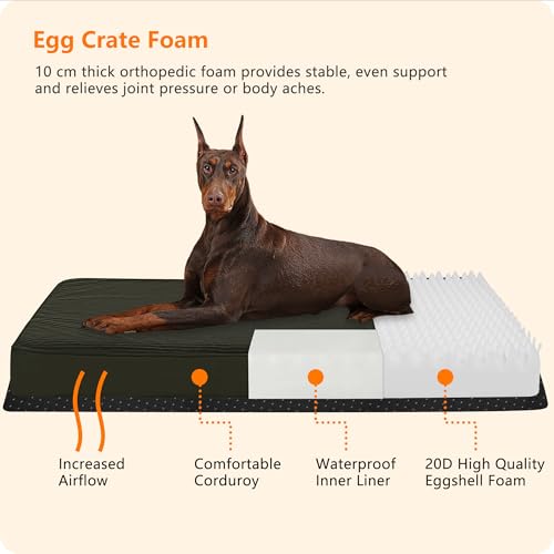 HMTOPE Orthopädisches Hundebett, 10cm Dicke Hundekissen für Grosse Hunde, Abnehmbar und Waschbar Hundematte, rutschfeste Unterseite, Wasserdichtes Innenfutter, 120 cm, Olivgrün