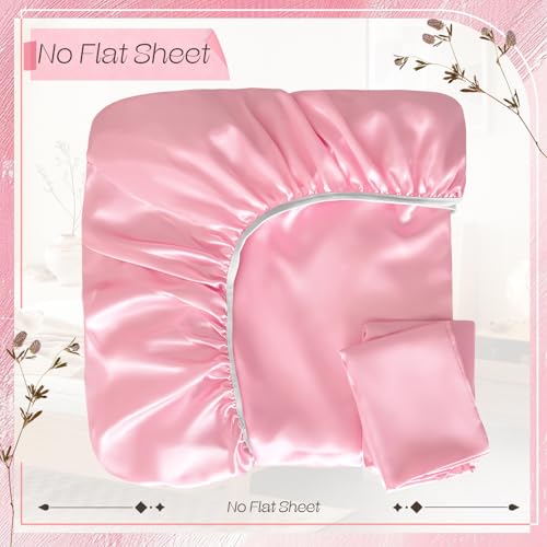 VACVELT 3-Piece Satin Fitted Sheet Set Queen Size, Pink Bottom Bed Sheet with 2 Pillowcases, Similar to Silk Sheets, Luxury & Silky Bedding Set, 15 Inch Deep Pocket - Image 4