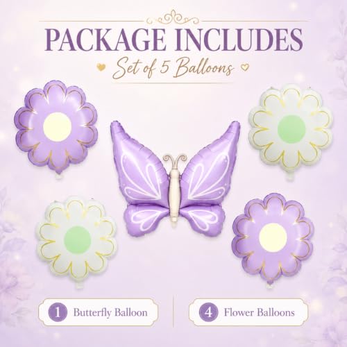 Image of Wanna Party Butterfly and Flower Foil Balloon Set of 5, Purple Butterfly Balloon with Colourful Daisy Flower Balloons for Birthday, Baby Shower, Garden Theme & Party Decoration