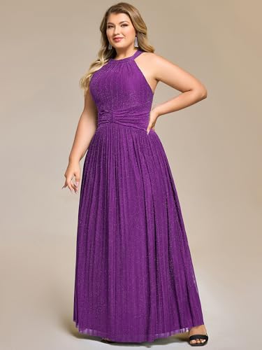 Image of Ever-Pretty Plus Women's Floor Length A-Line Halter Sleeveless Pleated Glitter Plus Size Formal Dress Evening Gown