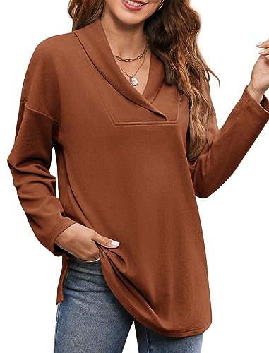 Image of Women's Long Sleeve Tops Fall Shawl Neck Tunic Tops for Leggings Casual Blouse Sweatshirt