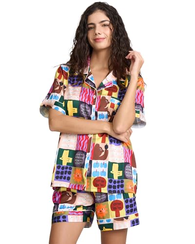 Image of YiNi LuLu Womens Silk Satin Shorts Pajamas Set Button Down 2 Piece Pjs Short Sleeve Oversized Sleepwear with Pockets