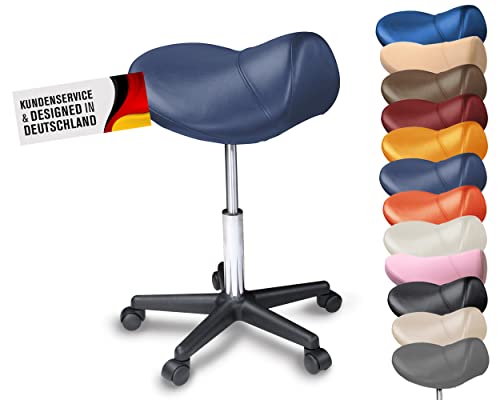 Promafit Sattelhocker Sattelstuhl höhenverstellbar - Rollhocker Drehhocker Arbeitshocker Bürostuhl mit Sattelsitz – Praxishocker Hocker ergonomisch in vielen Farben – Rückenschonend(Marineblau)