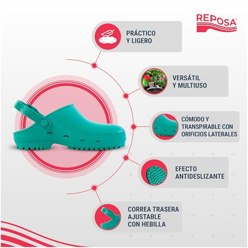 REPOSA Eco - Zuecos Mujer y Hombre en Goma Cómodos, Ligeros y Antishock para Casa, Jardinería y Bricolaje - Chanclas Mujer Anatómicas con Orificios Laterales, Correa Trasera y Efecto Antideslizante - imagen 5