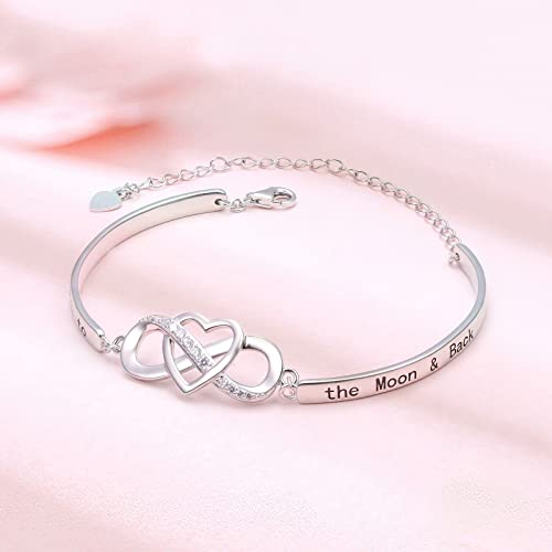 Mother's Day Gifts Infinity Love Heart Bracelet With Inspirational Message "I Love You To The Moon & Back" For Women Girls, Adjustable Length Bangle Bracelets 925 Sterling Silver Jewelry #TOP6