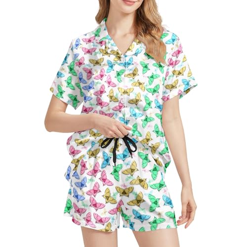 Image of Funny Pajamas for Women Set Print Satin Loungewear Pjs Short Sleeve Button Down Top and Shorts Sets Sleepwear XS-3XL