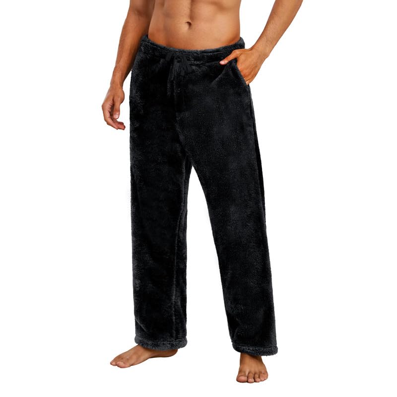 Vulcanodon Mens Plush Warm Pajama Pants, Fluffy Soft Fleece Sleep Pant with Pockets Lounge Pj Bottoms for Men