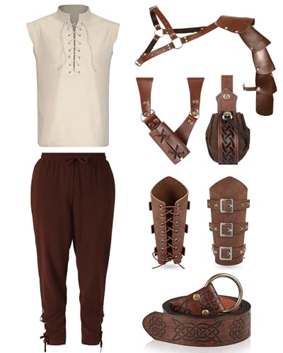 Costume Renaissance homme 7 pièces avec chemise pantalon et accessoires médiévaux