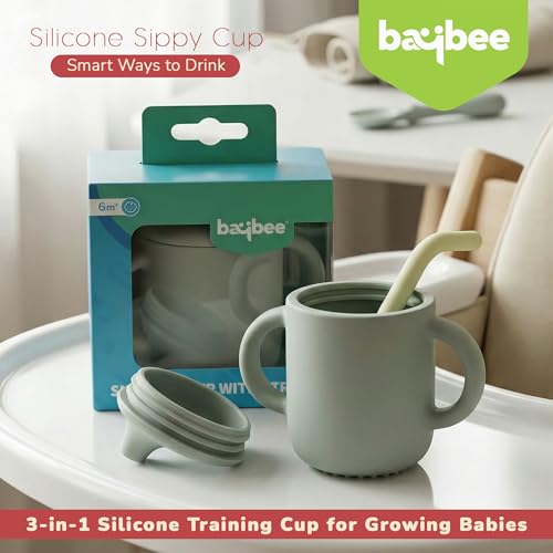 Image of BAYBEE Baby BPA-Free Silicone Sipper Cup for Kids Drinking Training Anti Spill Sippy Cup /Glass with Soft Silicone Straw & Lid for Baby, Non-Slip Twin Handles Spout Cup for Infants 6+ Months (Green)