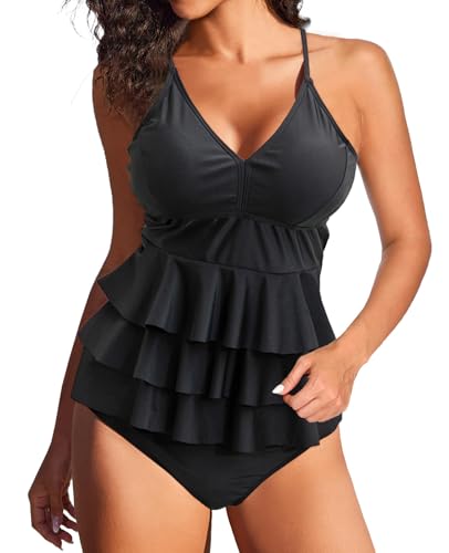 JFAN Tankini Donna Mare Costume da Bagno 2 Pezzi Scollo a V Bikini Multi Ruffle Spaghetti Coordinati da Bikini per Donna Nero M