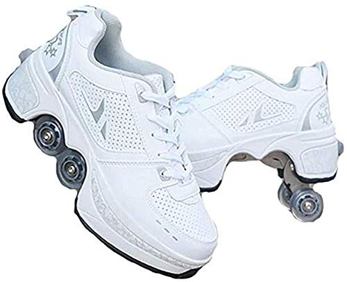 FLY FLU Inline-Skate, 2-in-1-Mehrzweckschuhe, Verstellbare Quad-Rollschuh-Stiefel - for Kinder Jungen Mädchen,White-40