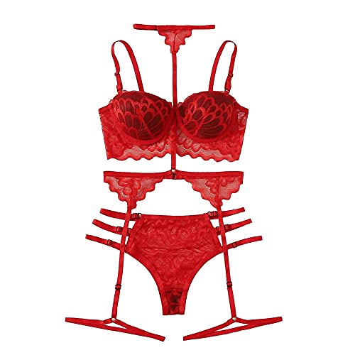 Lingerie Sexy Femme : Ensemble en Dentelle Transparente avec Porte-Jarretelles