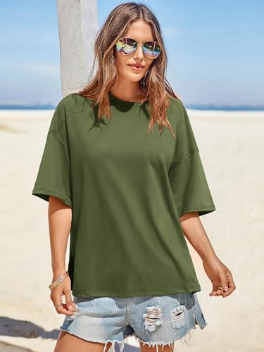 Image of Tankaneo Womens Oversized Tshirts Summer Casual Short Sleeve Crew Neck T Shirt Loose Fit Side Slit Tee Tops
