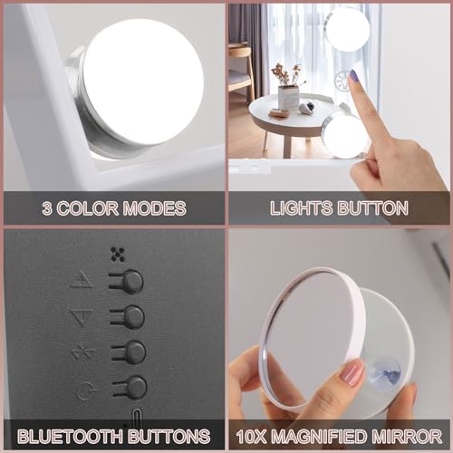 Fenair Lighted Vanity Mirror with Speaker and Wireless Charging - 10X Magnification Makeup Mirror with 9 Dimmable LED Bulbs (White)