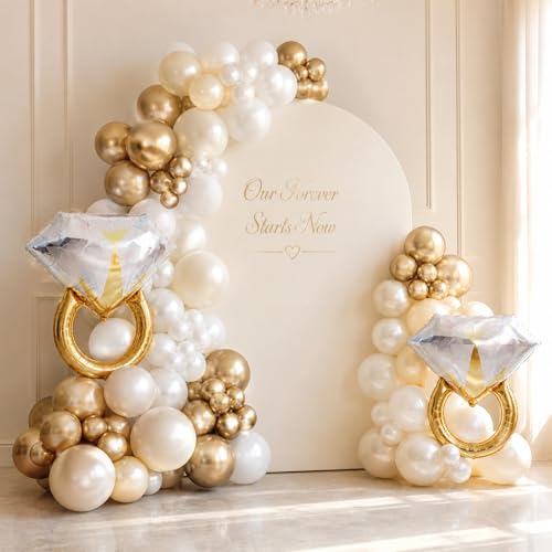 Image of White and Gold Balloons, 35 Pcs 12 Inch Sand White Metallic Gold Balloons | with 2 Pcs Diamond Ring Foil Balloon for Boho Wedding Engagement Bride Shower Anniversary Party Decorations