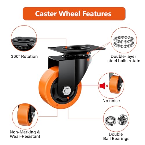 Image of 5 Inch Caster Wheels, Casters Set of 8 Heavy Duty, Orange Polyurethane (PU) Casters, Industrial Swivel Top Plate Castor Wheels for Workbench /Furniture /Cart (Pack of 8)