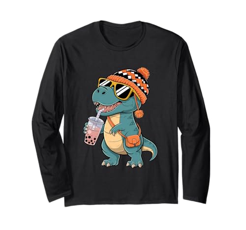 Cute T-Rex Dinosaur Drinking Bubble Tea Milk Boy Girl Autumn Maglia a Manica
