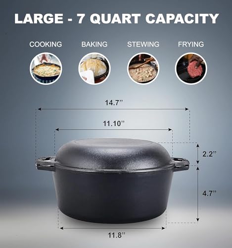 Bruntmor Pre-Seasoned Cast Iron Dutch Oven and Skillet Lid - 7 Quart All-in-One Casserole and Braising Pan, Black - Thumbnail 3