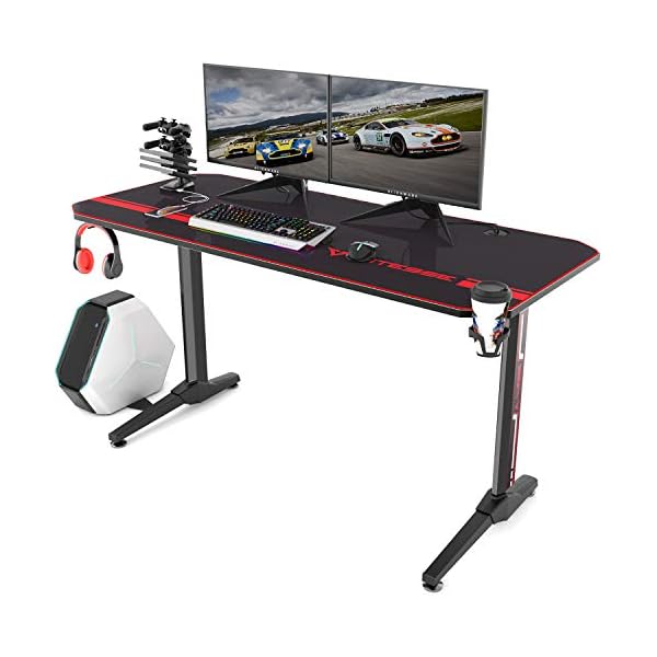 Vitesse 55 inch Gaming Desk T Shaped Computer Desk with Free Large Mouse pad, Racing Style Professional Gamer Game Station with USB Gaming Handle Rack, Cup Holder & Headphone Hook