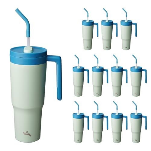 Image of Konokyo 12 Pack 40 Oz Tumblers with Handle and Straw, Bulk Vacuum Insulated Stainless Steel Travel Mugs with Lids for Office, Events and Group Orders Mist Blue