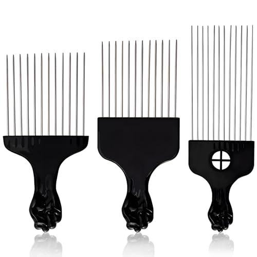 Stylish 3-Piece Black Metal Afro Hair Pick Set: Stainless Steel Wide-Tooth Combs with Classic Fist Design, Essential for Curly & Afro Hair Care and Styling