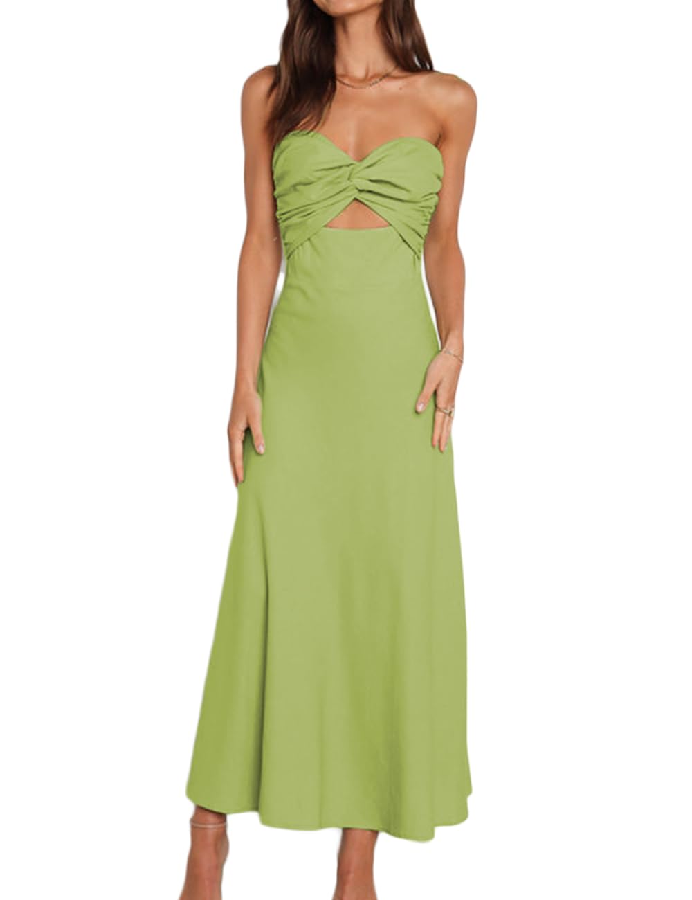 Sexy Twist Front Strapless Sweetheart Neckline Midi Dresses for Women Smocked Cutout Tube Linen Dress Wedding Guest