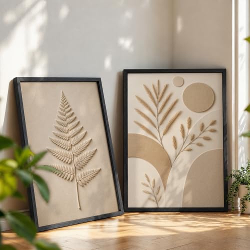 Image of NoWorries Minimal Botanical Wall Painting Set of 2 with Frame | Neutral Beige Fern Leaf & Pampas Grass Abstract Artwork, Soft Nature Wall Decor for Living Room, Bedroom, Office and Home Decoration (Art-16, 21x31inch)