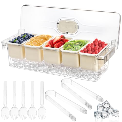 Image of Jucoan Large Ice Chilled Condiment Server with Lid, 5 Compartment Chilled Condiment Caddy, Taco Bar Serving Tray, Garnish Holder Tray for Bartenders Mimosa Salad Soda Bar Supplies, 2 Tongs, 5 Forks