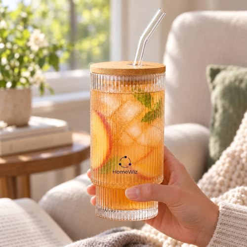 Image of HomeWiz Ribbed Glass Tumbler Set of 2 (450ml) with Bamboo Lid & Glass Straw - Vintage Sipper Glasses | Borosilicate Cups for Cold Coffee, Iced Tea, Juice & Smoothies | Reusable Cold Brew Tumbler