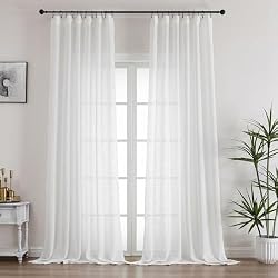 Off White Semi Sheer Curtains 90 Inches Long, Rustic Linen Look Sliding Glass Door Curtains & Drapes for Bedroom, Modern Farmhouse Window Panels, Pinch Pleat Ceiling Curtain with Hooks