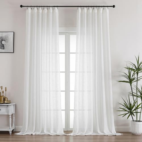 Ftinala Off White Semi Sheer Curtains 90 Inches Long, Rustic Linen Look Sliding Glass Door Curtains & Drapes for Bedroom, Modern Farmhouse Window Panels, Pinch Pleat Ceiling Curtain with Hooks