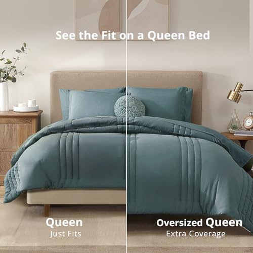 Image of Monbix Queen Comforter Set - 7 Pieces Blue Green Bed in a Bag Queen Bedding Sets with Comforters, All Seasons Comforter Bed Set with Sheets,Pillowcases & Shams