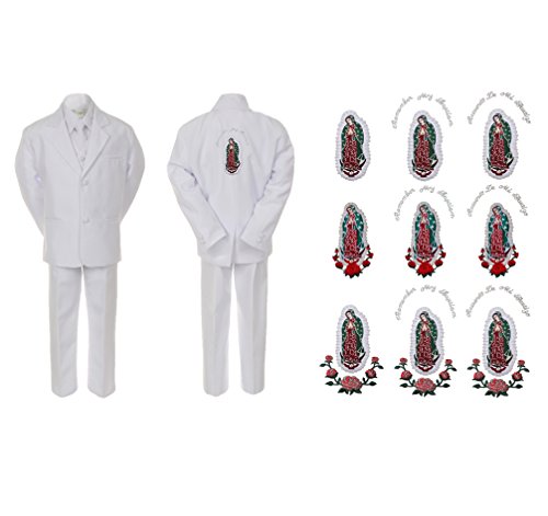 Unotux Baby Boy Communion Formal White Notch Lapel Suit Silver Guadalupe On Back SM-20