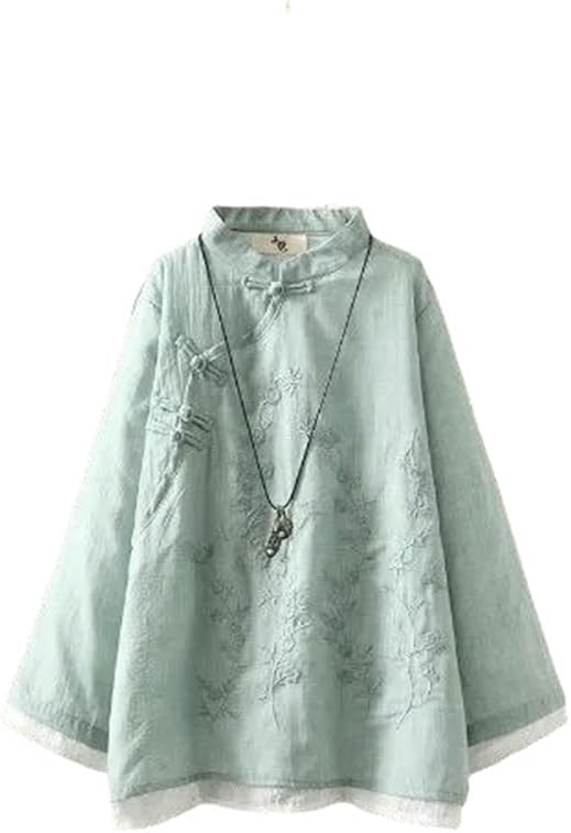 JYHBHMZG Women's Retro Embroidered Frog Button Hemp Cotton Shirt Spring Zen Tea Outfit Loose Patchwork Round Neck
